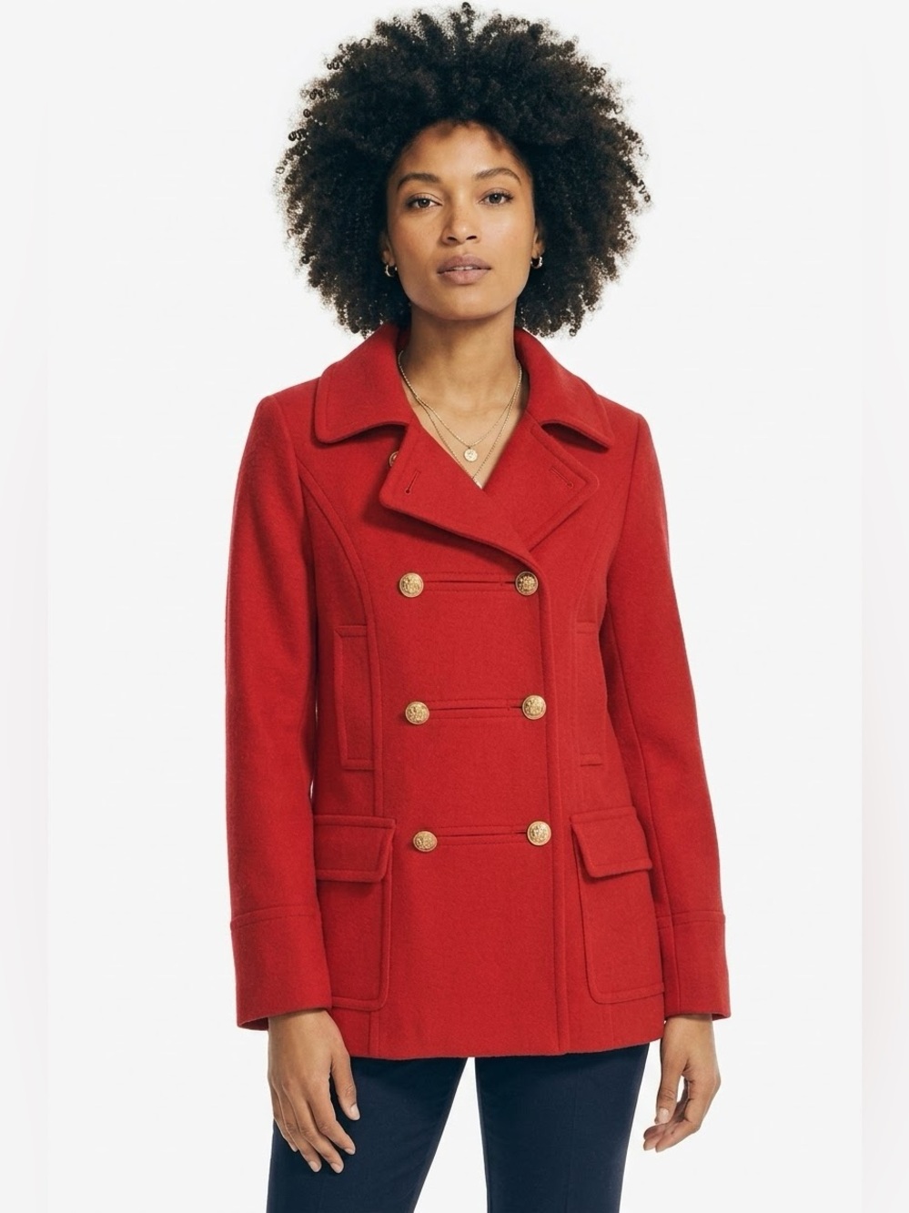 Red Wool Napoleon Jacket Band Military Nautical Double Breasted Classic Preppy
